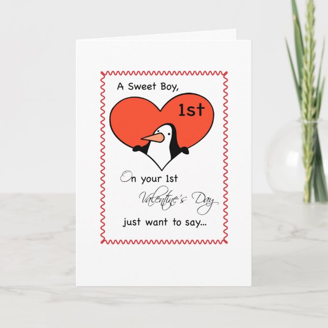 Cartes Pour Fêtes Annuelles Petit Garçon 1er Saint Valentin Pingouin mignon (Devant)