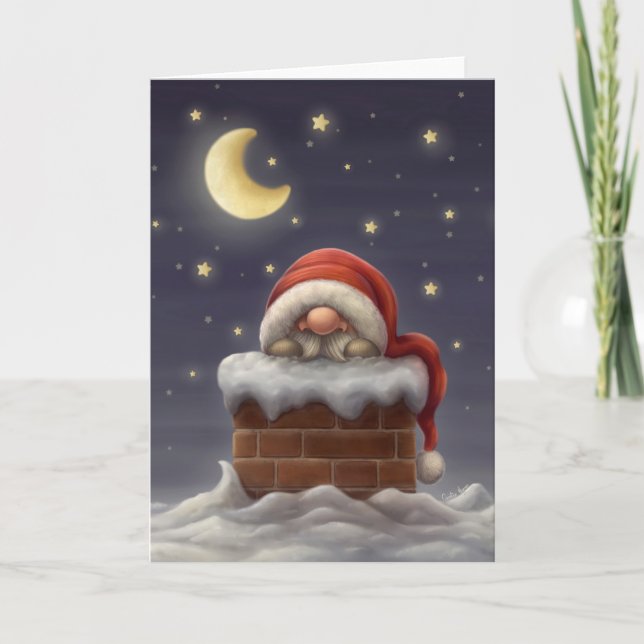 Cartes Pour Fêtes Annuelles Petit Père Noël dans une cheminée (Devant)