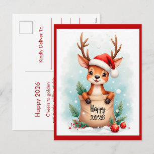 Cartes Pour Fêtes Annuelles Petit renne avec un chapeau de Père Noël Bonne ann