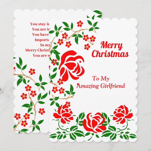 Cartes Pour Fêtes Annuelles Petite amie Élégante Joyeux Noël Rouge Roses Vert (Devant / Derrière)