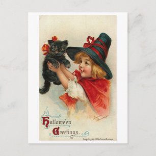 Cartes Pour Fêtes Annuelles Petite fille avec un chaton noir