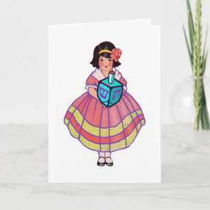 Cartes Pour Fêtes Annuelles Petite fille de Hanoukka avec grand Dreidel