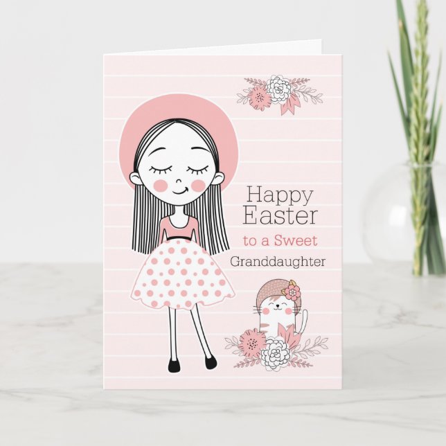 Cartes Pour Fêtes Annuelles Petite fille et chat rose et noir Pâques (Devant)