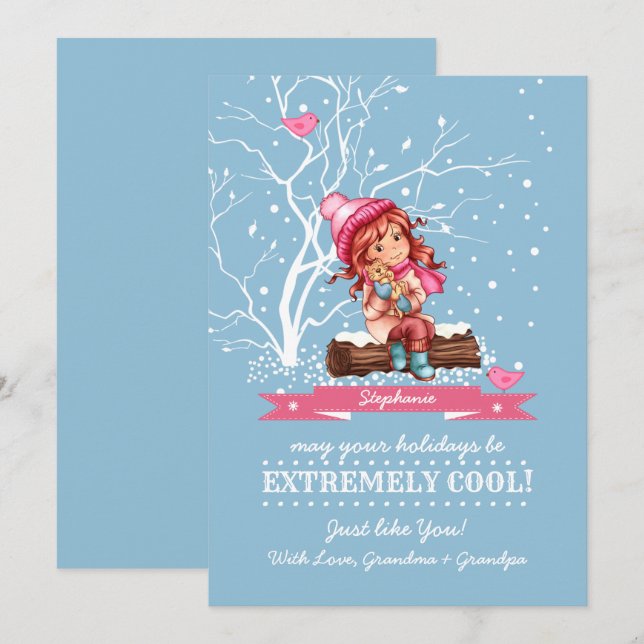 Cartes Pour Fêtes Annuelles Petite fille et Kitty | Nom personnalisé Noël (Devant / Derrière)