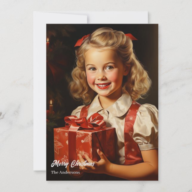 Cartes Pour Fêtes Annuelles Petite fille rétro avec cadeau de Noël (Devant)