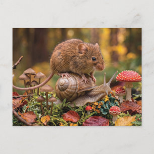 Cartes Pour Fêtes Annuelles Petite souris chevauchant un escargot dans la forê