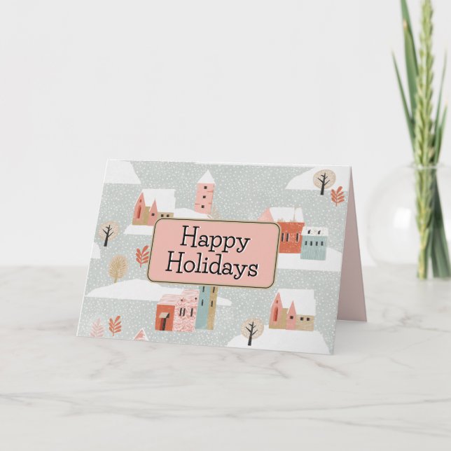 Cartes Pour Fêtes Annuelles Petites Maisons Village Neige Pink Noël (Devant)