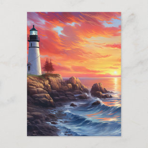 Cartes Pour Fêtes Annuelles Phare côtier au coucher du soleil