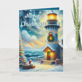 Cartes Pour Fêtes Annuelles Phare de Noël Arbre Nautique Bleu Côtier