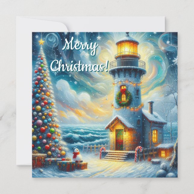 Cartes Pour Fêtes Annuelles Phare de Noël Arbre Nautique Bleu Côtier (Devant)