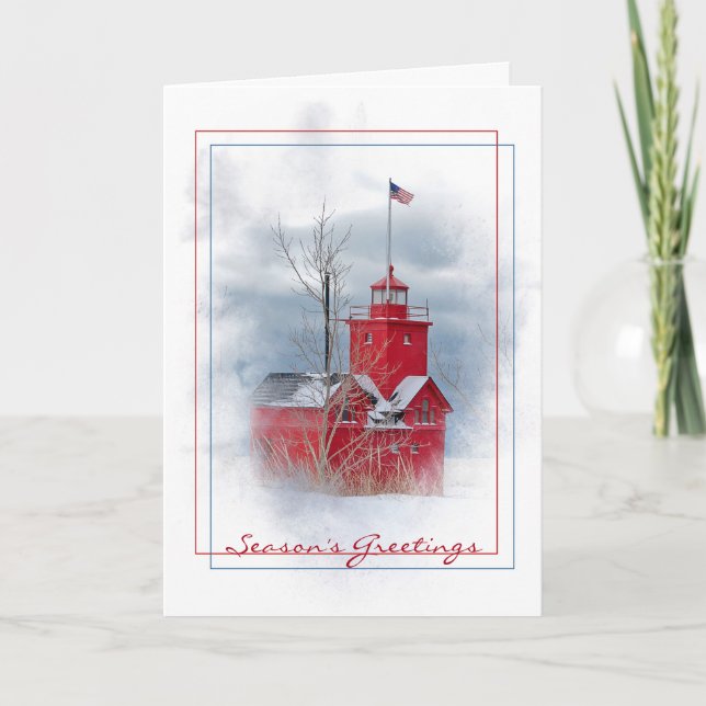 Cartes Pour Fêtes Annuelles phare rouge de la saison dans la neige (Devant)