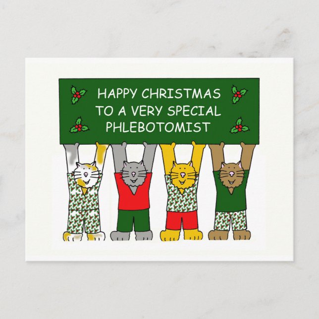 Cartes Pour Fêtes Annuelles Phlebotomiste Joyeux chat caricature de Noël (Devant)