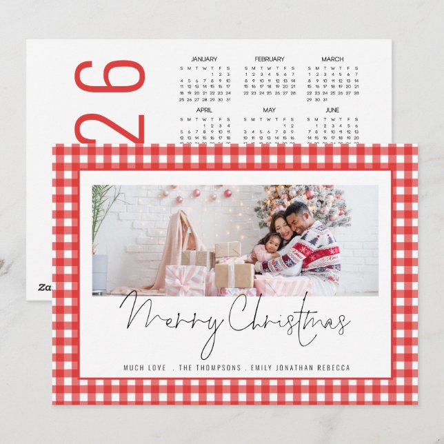 Cartes Pour Fêtes Annuelles Photo 2026 Calendrier Rouge En vichy Joyeux Noël (Devant / Derrière)
