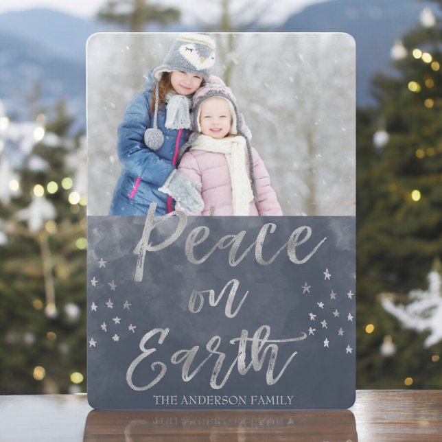 Cartes Pour Fêtes Annuelles Photo aquarelle bleu et argent Peace on Earth (Créateur téléchargé)