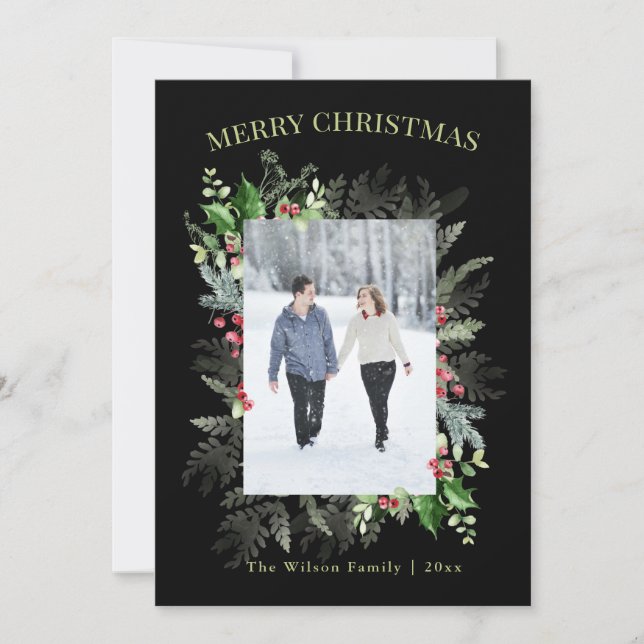Cartes Pour Fêtes Annuelles Photo Aquarelle verte Joyeux Noël (Devant)