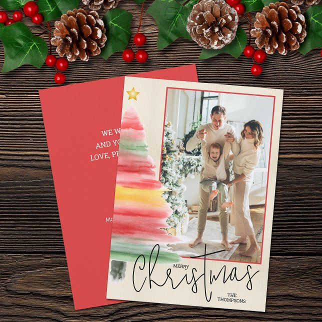 Cartes Pour Fêtes Annuelles Photo Arbre de Noël de l'aquarelle (Striped watercolor Christmas tree photo holiday cards feature your greeting on the back)