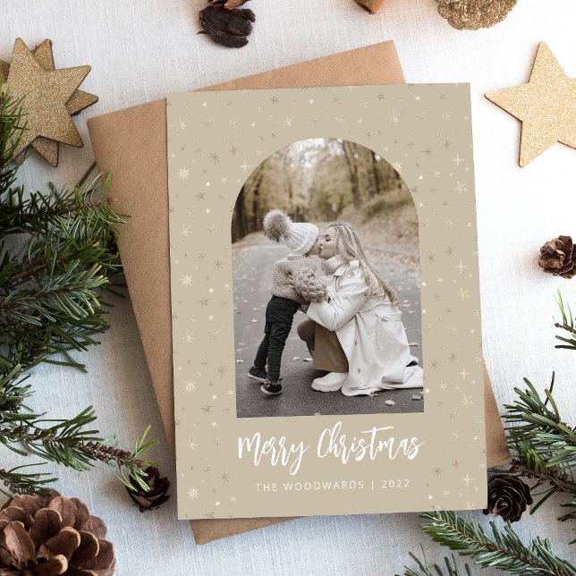 Cartes Pour Fêtes Annuelles Photo Arch Stars Joyeux Noël Beige Or (Créateur téléchargé)