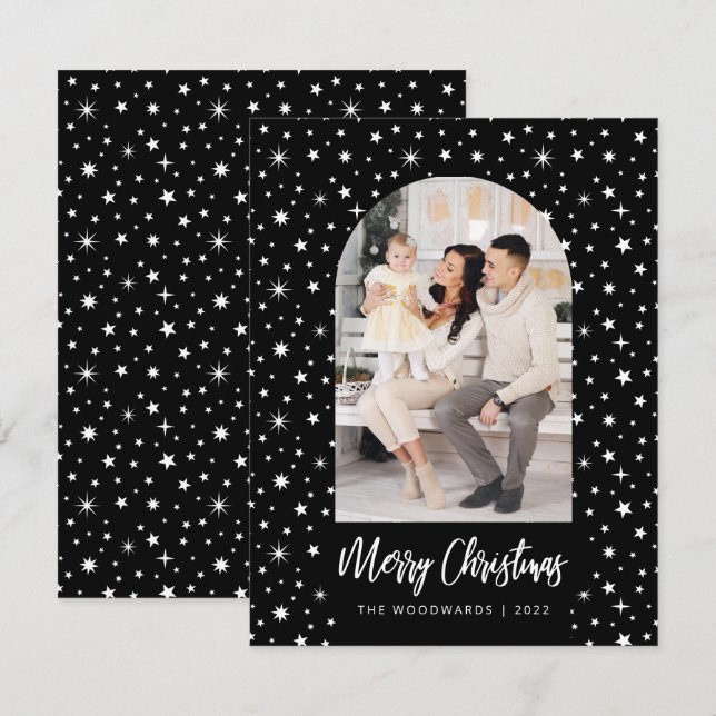 Cartes Pour Fêtes Annuelles Photo Arch Stars Joyeux Noël noir et blanc (Devant / Derrière)
