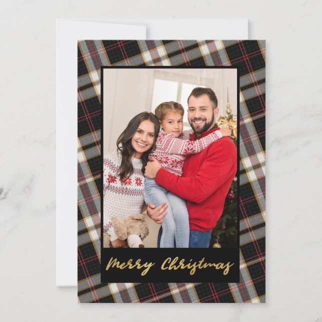 Cartes Pour Fêtes Annuelles Photo Black Grey Plaid Gold Script Noël (Devant)