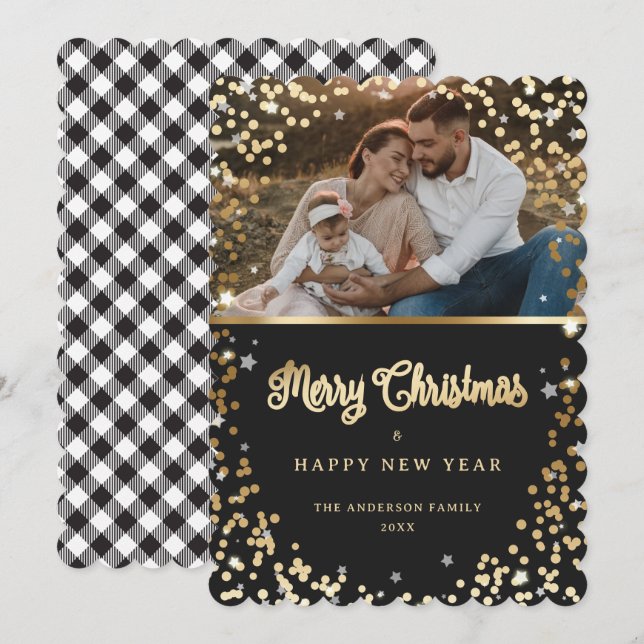 Cartes Pour Fêtes Annuelles Photo Black White Or Neige Stations Plaid (Devant / Derrière)