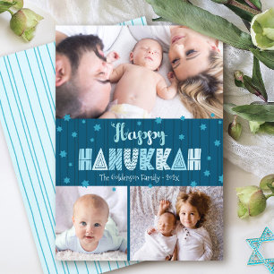 Cartes Pour Fêtes Annuelles Photo Bleu 3 Joyeux Hanukkah Typographie Moderne A