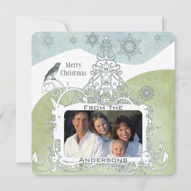 Cartes Pour Fêtes Annuelles Photo Blue Snowflake Noël Arbre mignonne Oiseau (Devant)