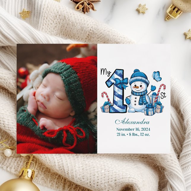 Cartes Pour Fêtes Annuelles Photo Blue Snowman Premier Noël (Créateur téléchargé)