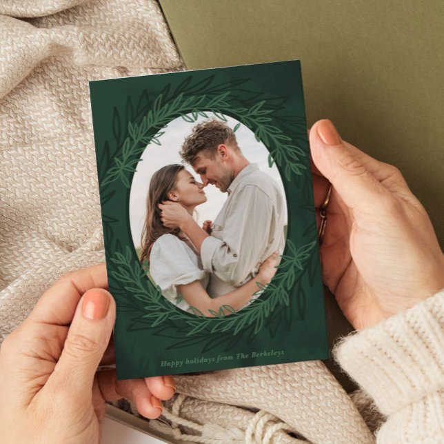 Cartes Pour Fêtes Annuelles Photo botanique à l'aquarelle vert émeraude (Emerald green botanical photo frame holiday card.)