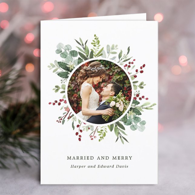 Cartes Pour Fêtes Annuelles Photo botanique de Noël vert marié et joyeux (Créateur téléchargé)