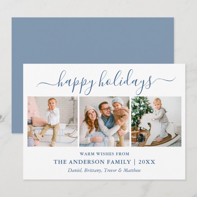 Cartes Pour Fêtes Annuelles Photo Calligraphy Dusty Blue 3 moderne (Devant / Derrière)
