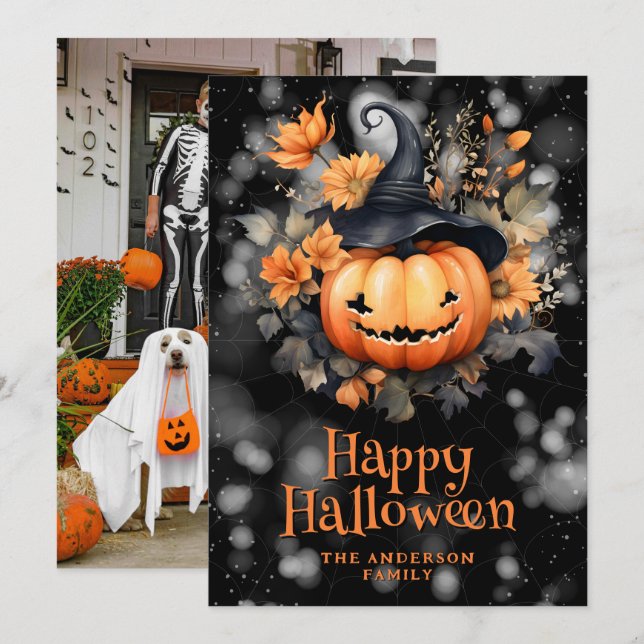Cartes Pour Fêtes Annuelles Photo Citrouille Black Casquette Happy Halloween C (Devant / Derrière)