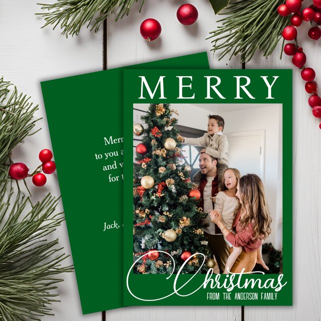 Cartes Pour Fêtes Annuelles Photo classique de famille verte et blanche Noël (Classic Green And White Family Photo Christmas Holiday Card)