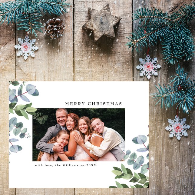 Cartes Pour Fêtes Annuelles Photo classique de Noël blanc Eucalyptus Vert (Créateur téléchargé)