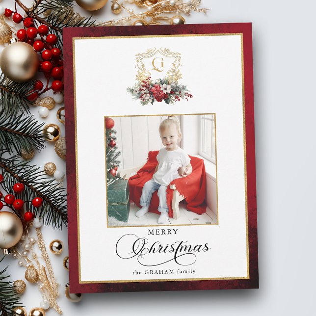 Cartes Pour Fêtes Annuelles Photo classique de Noël Floral Crest (Créateur téléchargé)