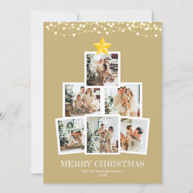 Cartes Pour Fêtes Annuelles Photo Collage Arbre Gold Chaîne lumières Noël (Devant)