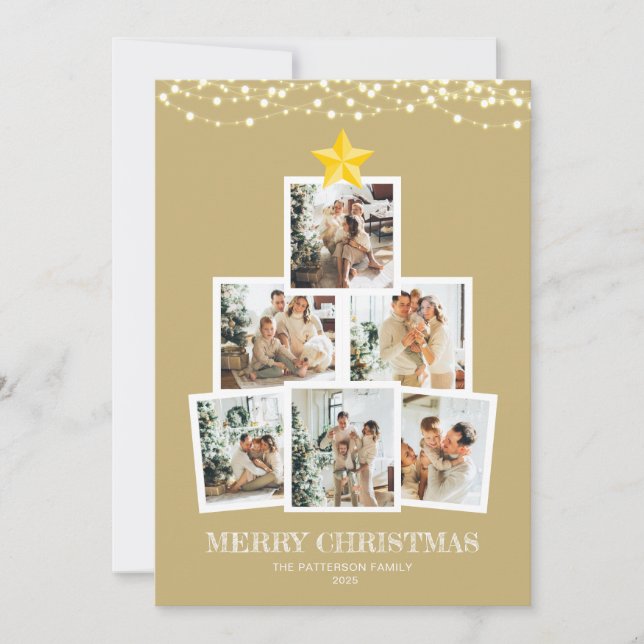 Cartes Pour Fêtes Annuelles Photo Collage Arbre Gold Chaîne lumières Noël (Devant)