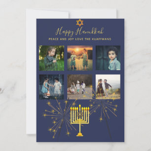 Cartes Pour Fêtes Annuelles Photo Collage Hanoukka Modern Blue Mauve Gold