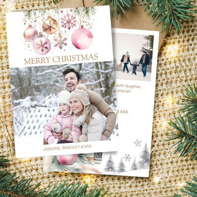 Cartes Pour Fêtes Annuelles Photo collage Joyeux Noël blanc rose boho (Photo collage Merry Christmas white rose gold boho Holiday Card pastel rose gold baubles snowflakes)