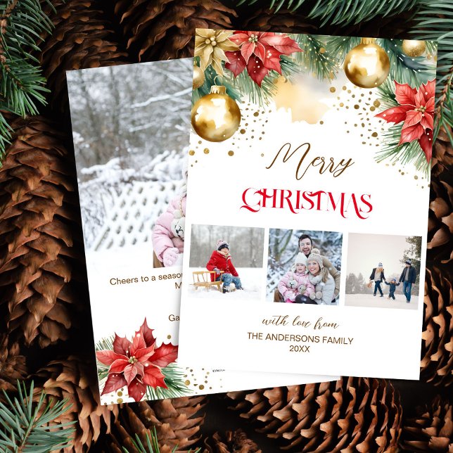 Cartes Pour Fêtes Annuelles Photo collage poinsettia or rouge Noël (Photo collage red gold poinsettia Christmas Holiday Card photo card watercolor pines gold baubles)