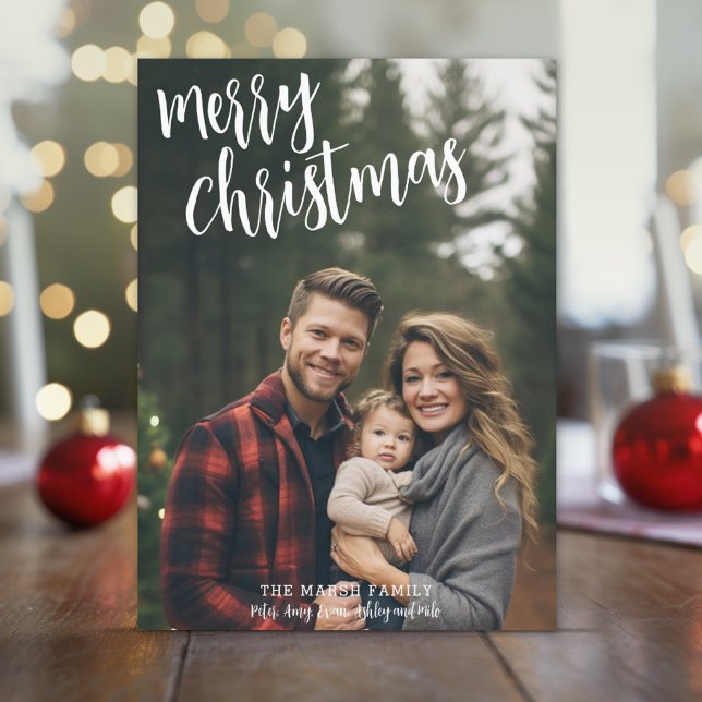 Cartes Pour Fêtes Annuelles Photo complète de Handwritten Merry Christmas Gree (Rustic Modern Christmas Card with 1 large photo)