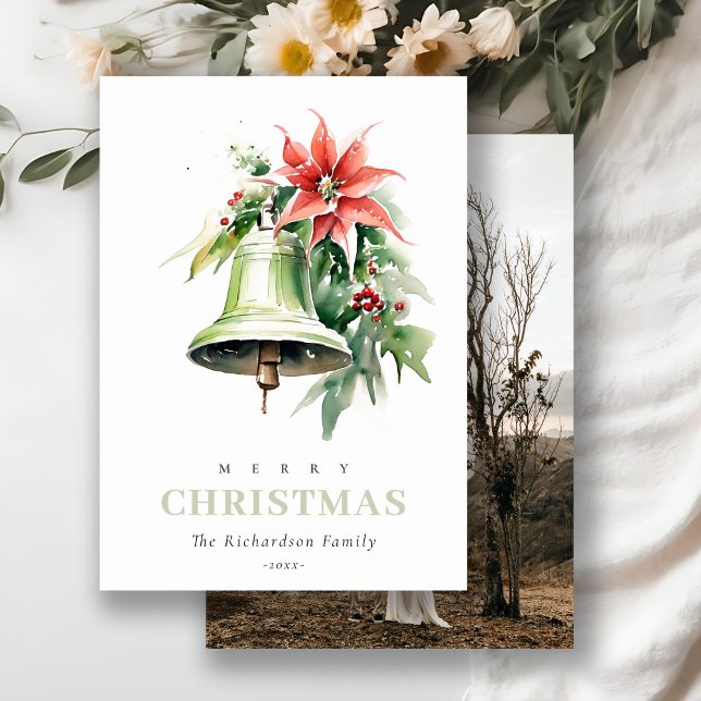 Cartes Pour Fêtes Annuelles Photo d'aquarelle de Noël Bell Pine Poinsettia (Créateur téléchargé)