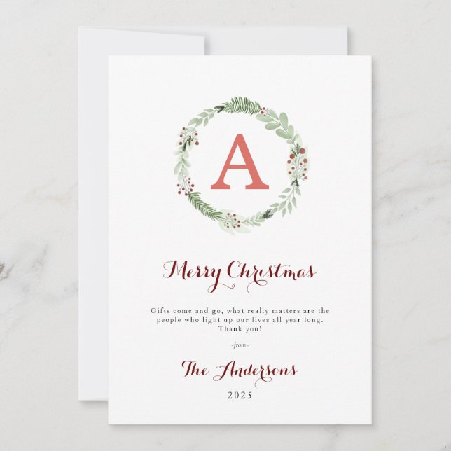 Cartes Pour Fêtes Annuelles Photo d'aquarelle de Noël Monogramme moderne (Devant)