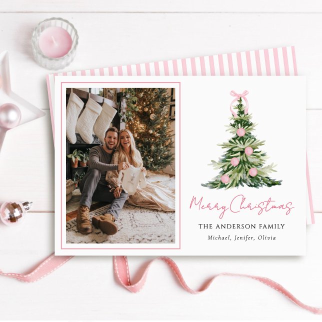 Cartes Pour Fêtes Annuelles Photo d'arbre de Noël à ruban rose aquarelle (Créateur téléchargé)