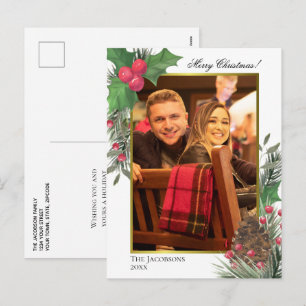 Cartes Pour Fêtes Annuelles Photo de baies de houx, de pommes de pin et de ver