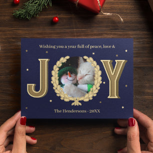Cartes Pour Fêtes Annuelles Photo de chat personnalisée Blue Gold Joie Noël