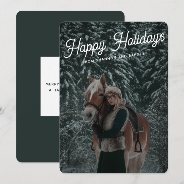 Cartes Pour Fêtes Annuelles Photo de cheval équestre moderne vert foncé script (Devant / Derrière)