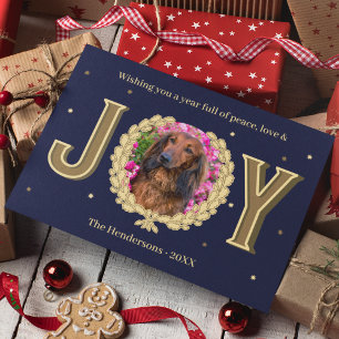Cartes Pour Fêtes Annuelles Photo de chien personnalisée Blue Gold Joie Noël