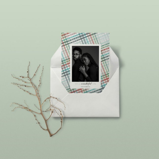 Cartes Pour Fêtes Annuelles Photo de couple sur imprimé bleu pastel plaid (Créateur téléchargé)