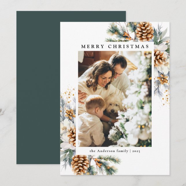 Cartes Pour Fêtes Annuelles Photo de famille Aquarelle Botanique Floral Noël (Devant / Derrière)