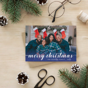 Cartes Pour Fêtes Annuelles Photo de famille Calligraphie bleue Joyeux Noël